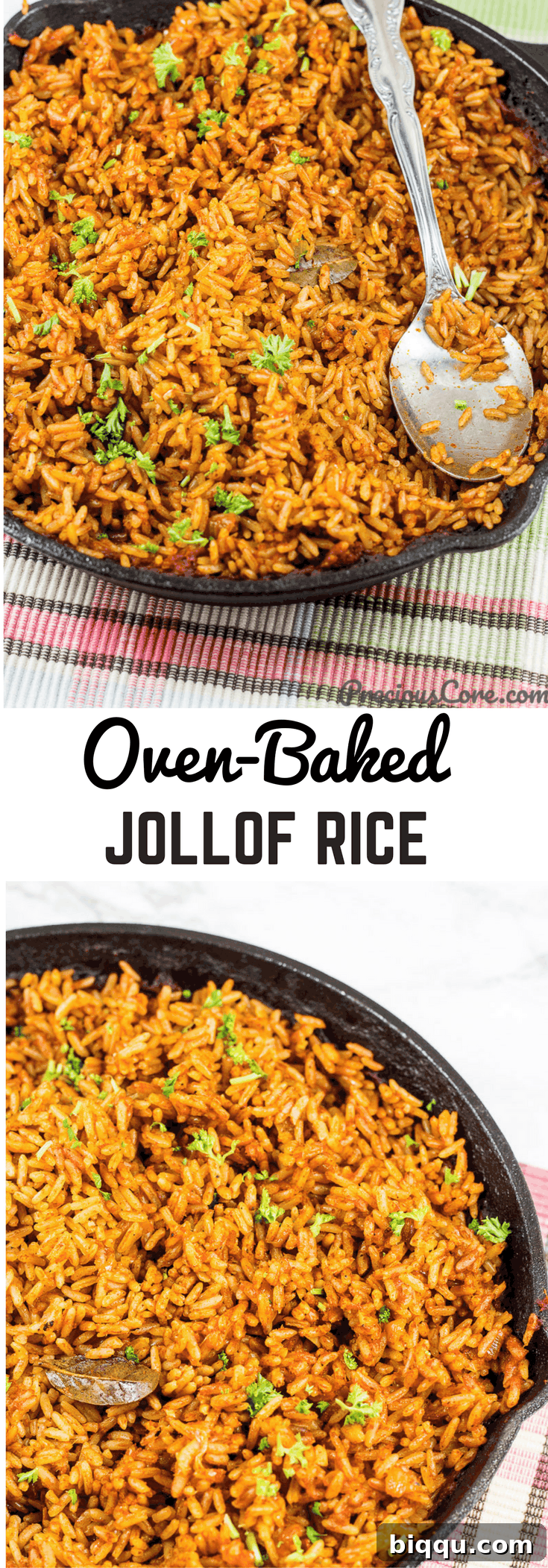 Collage of rice with text \"Oven-Baked Jollof Rice.\" A close-up of a serving of Jollof rice with some green garnish.