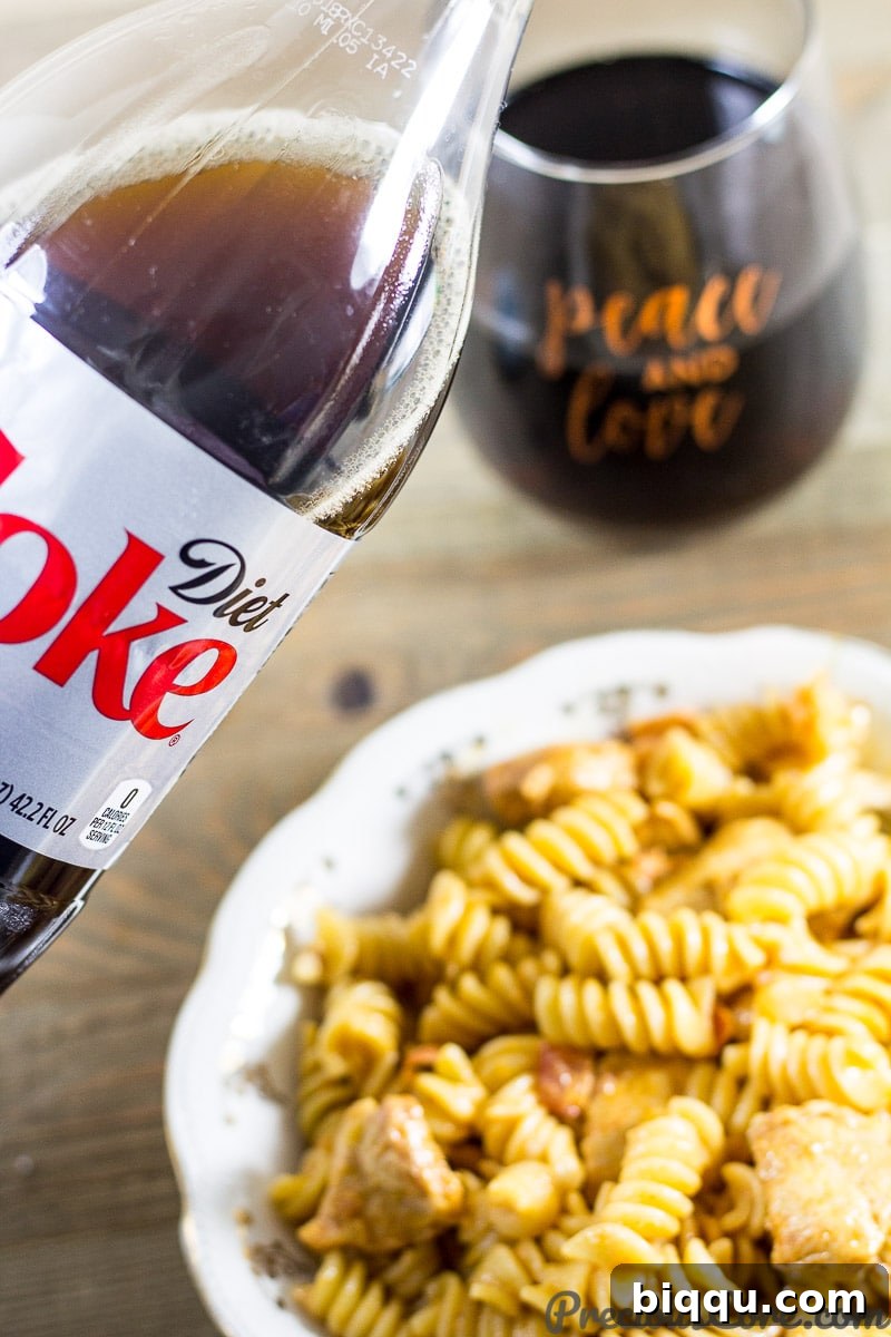 Serve One Pot Creamy Macaroni and Chicken with a chilled Diet Coke