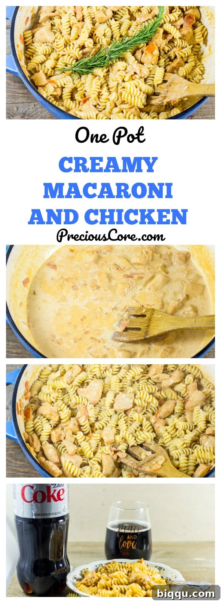 Collage with text "One Pot Creamy Macaroni and Chicken."