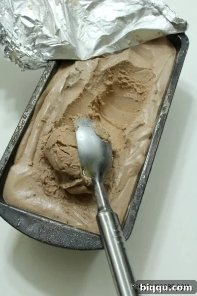 No-churn chocolate ice cream freshly taken from the freezer