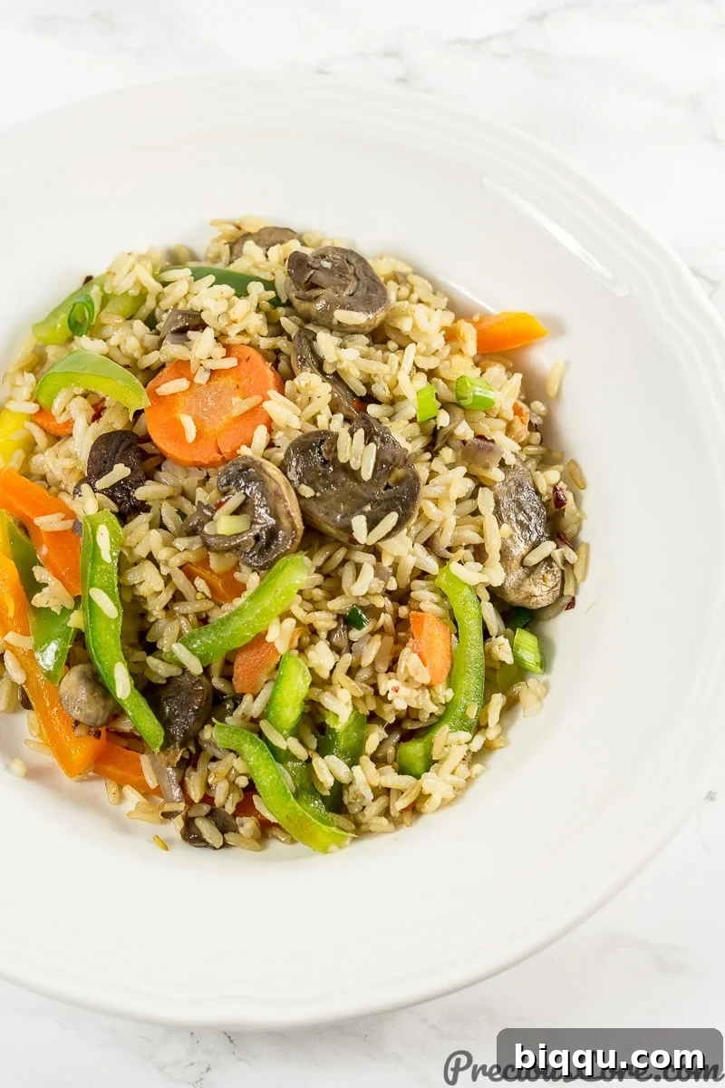 A plate of freshly served mushroom fried rice, garnished with green onions.