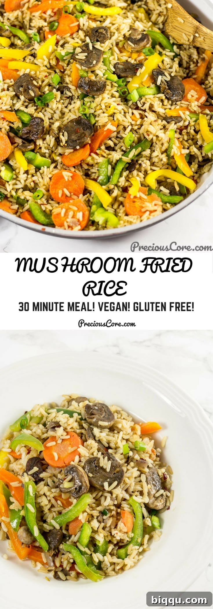 Collage with text "Mushroom Fried Rice 30 Minute Meal! Vegan! Gluten Free!"