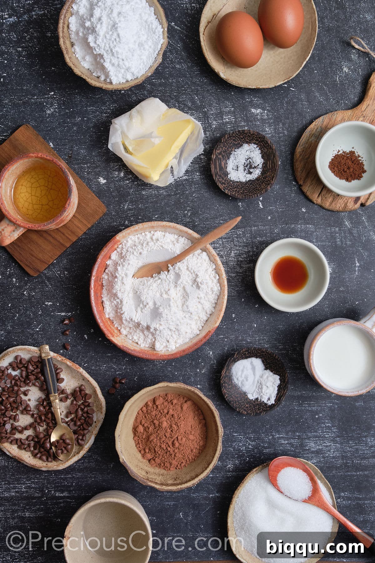 A selection of ingredients for easy moist chocolate cupcakes, neatly arranged.