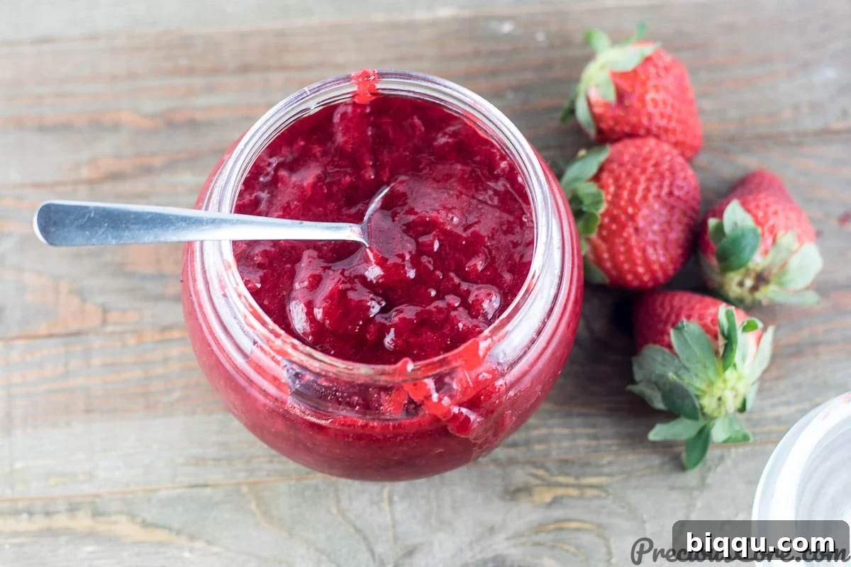 Healthy strawberry jam in a jar, sparkling in natural light, ready for breakfast.