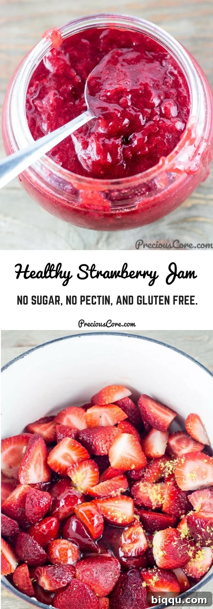 Collage with text "Healthy Strawberry Jam No Sugar, No Pectin, and Gluten Free." suitable for Pinterest sharing.