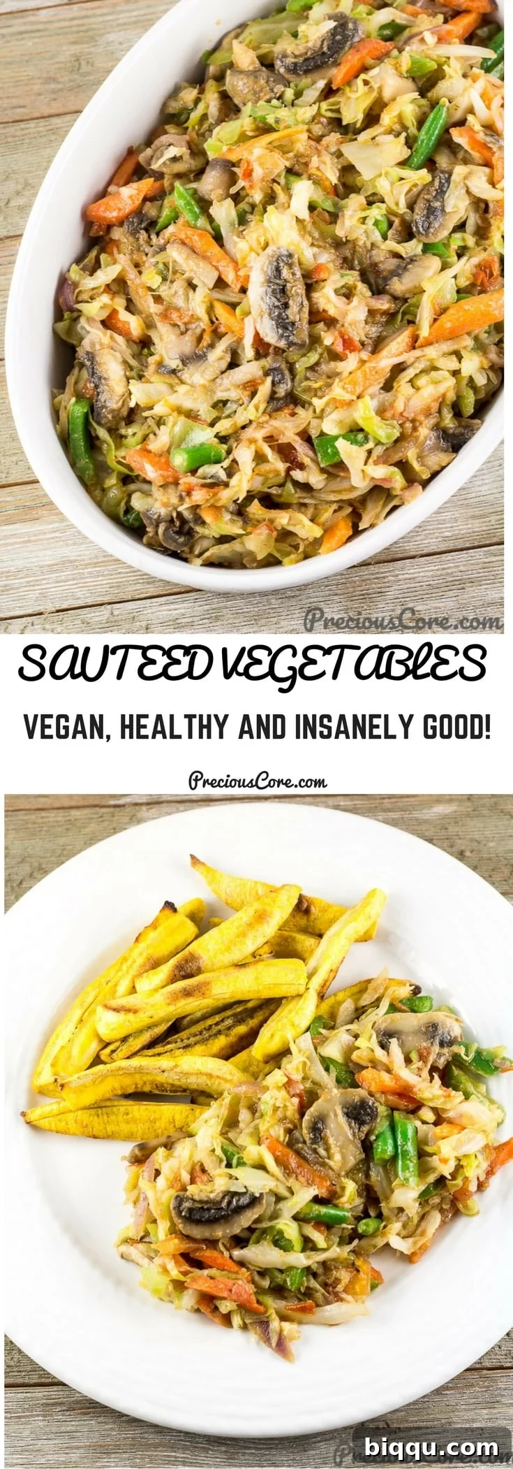 Collage with text "Sauteed Vegetables Vegan, Healthy and Insanely Good! - African Mixed Vegetables with Cabbage"