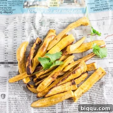 A rustic presentation of golden baked plantain fries served on a piece of newspaper, highlighting their appealing texture and homemade charm.