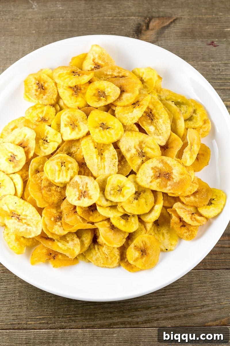 Homemade Plantain Chips perfectly arranged on a plate, ready to be enjoyed.