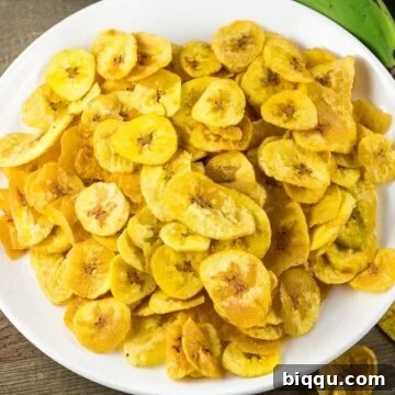 Plantain Chips on a white plate, showcasing the finished recipe.