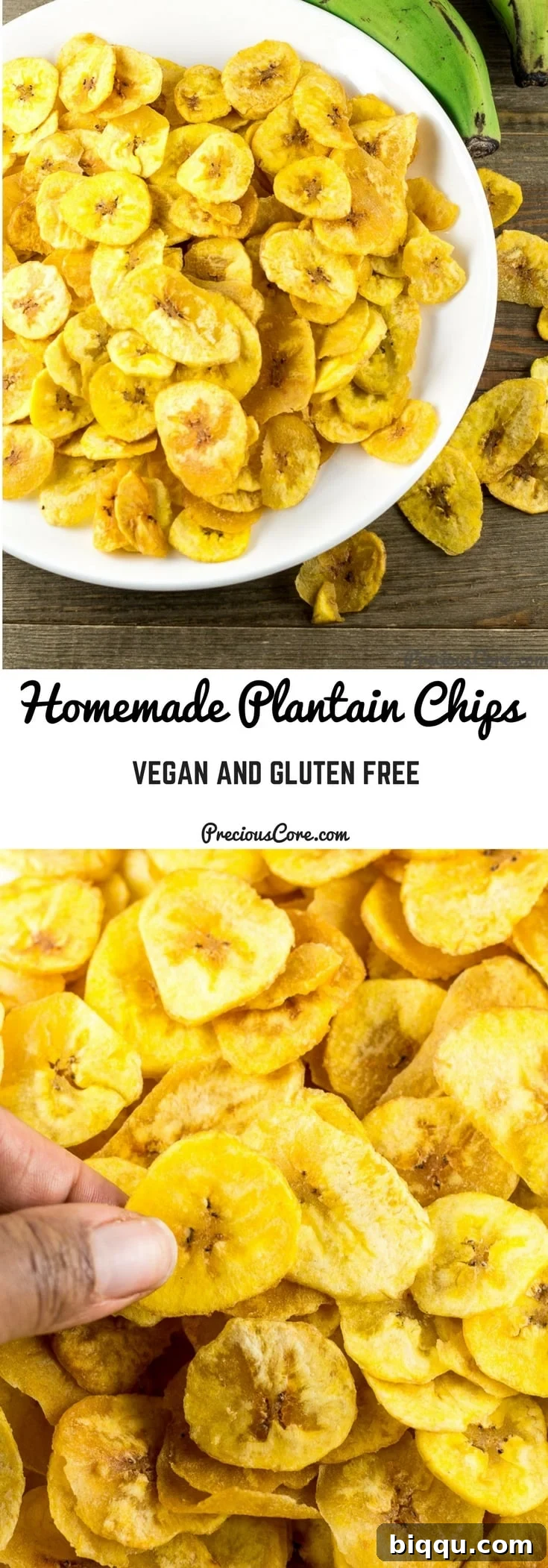 A collage featuring homemade plantain chips with text 'Homemade Plantain Chips Vegan and Gluten Free.', ideal for Pinterest sharing.