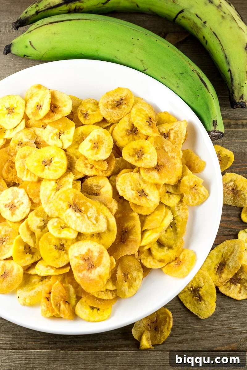 A bowl filled with homemade plantain chips on a white background, highlighting their appeal.