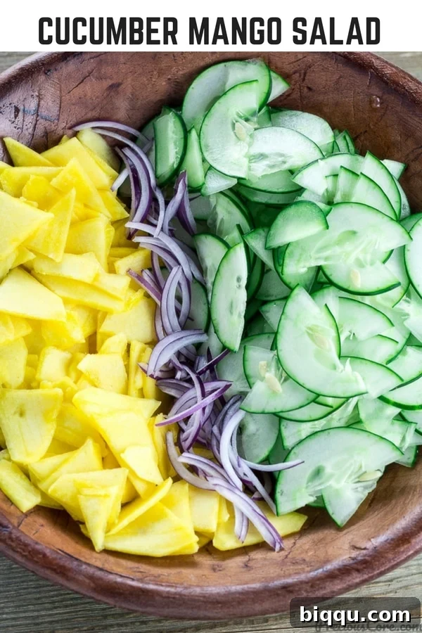 Refreshing Cucumber Mango Salad 8 Bowl of unmixed salad with text "Cucumber Mango Salad." Perfect for healthy eating.