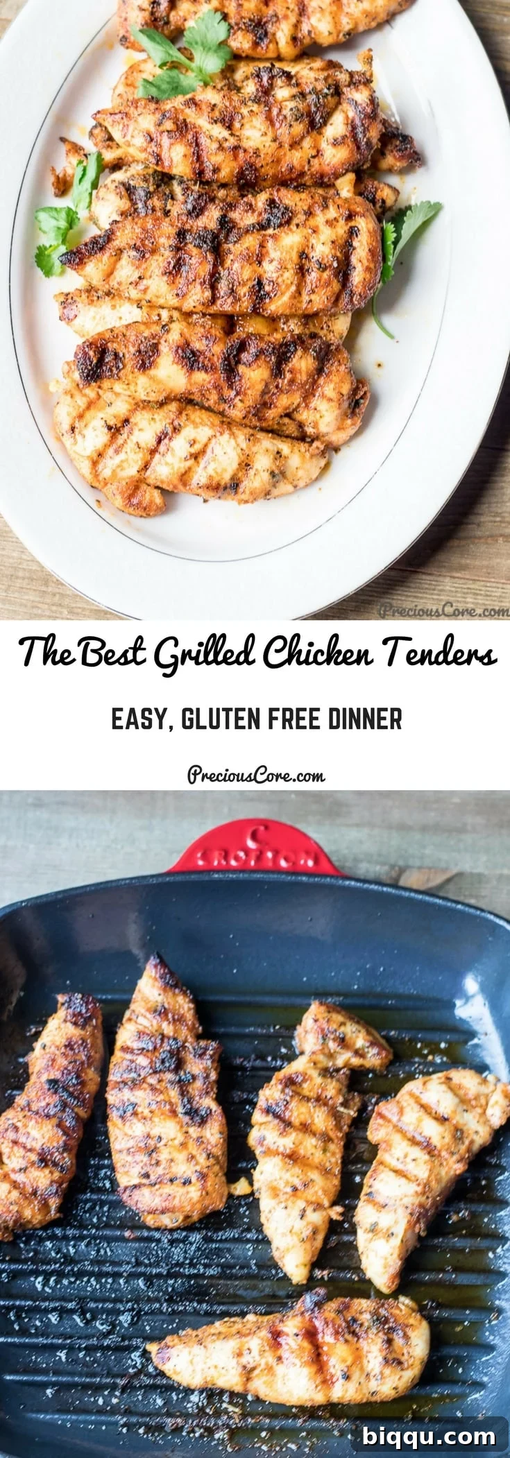 Collage with text "The Best Grilled Chicken Tenders Easy, Gluten Free Dinner." showcasing delicious grilled chicken tenders.