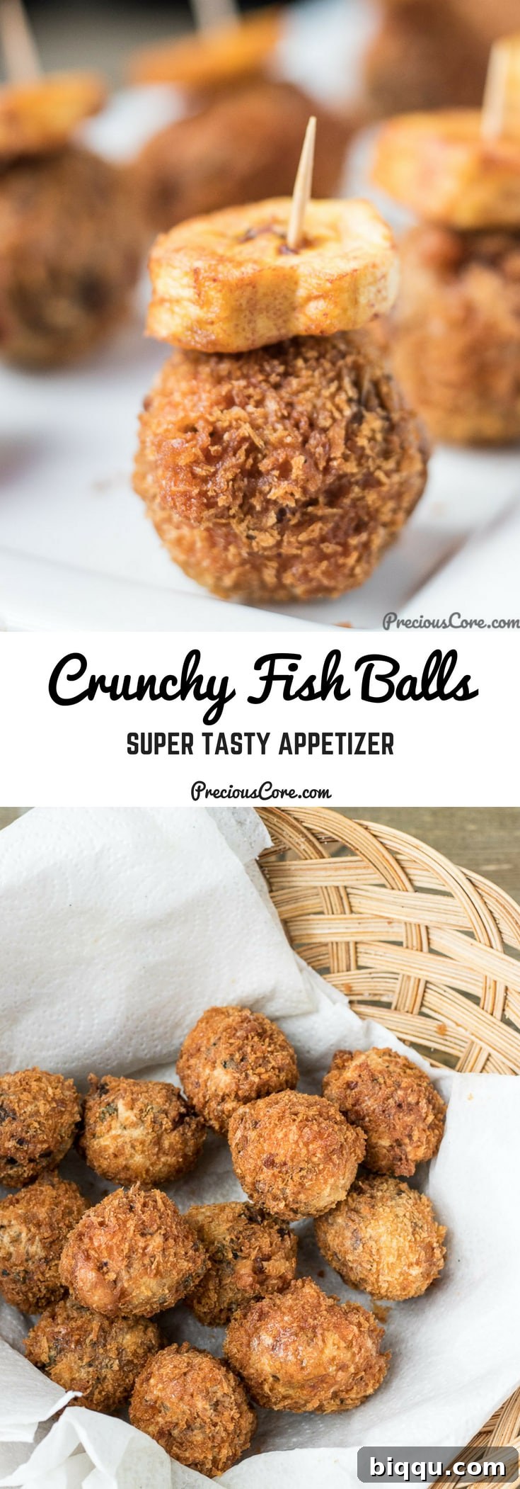 Collage with text "Crunchy Fish Balls Super Tasty Appetizer." highlighting the deliciousness of the dish.
