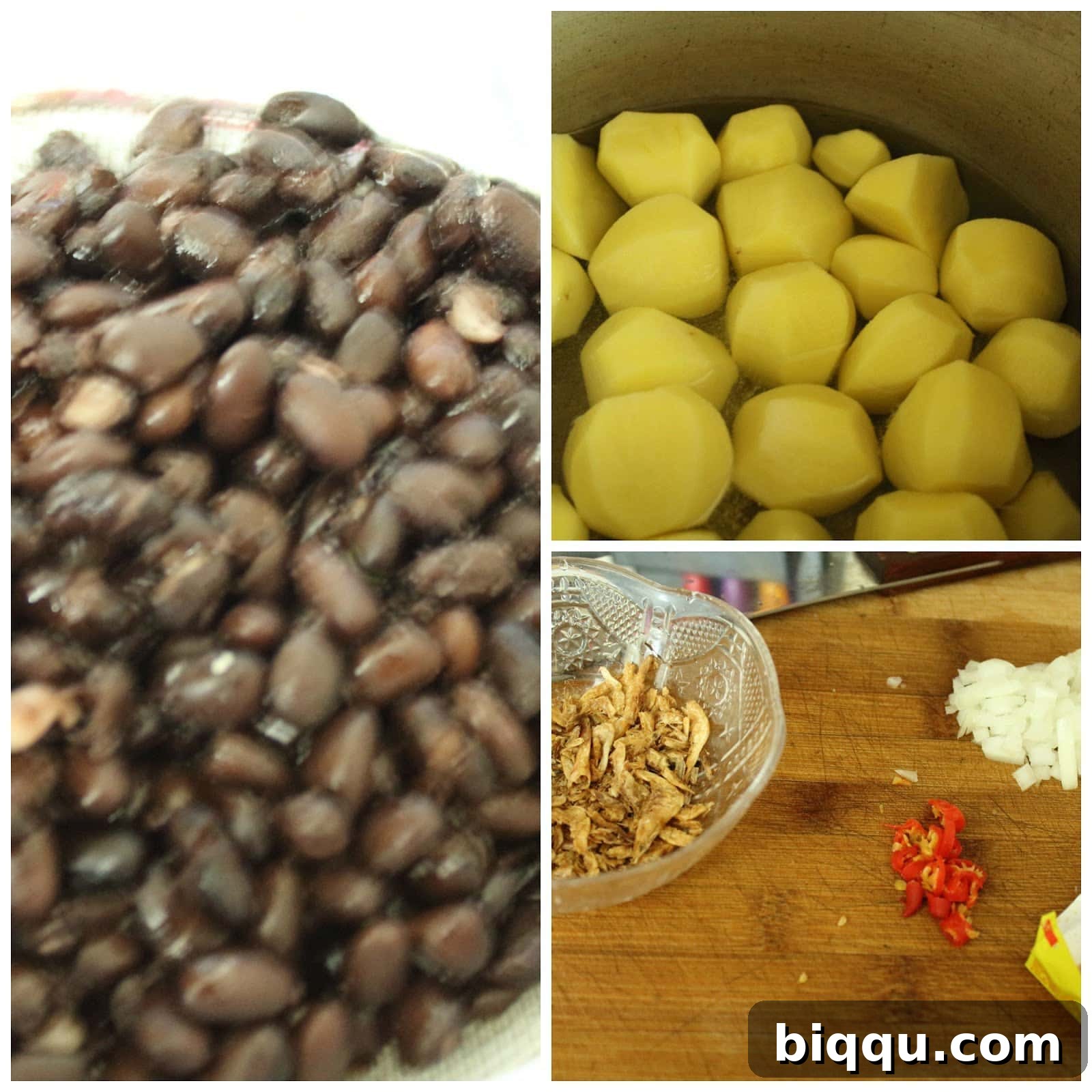 Boiled black beans, peeled Irish potatoes, crayfish, chopped onion for Pomme Pilées
