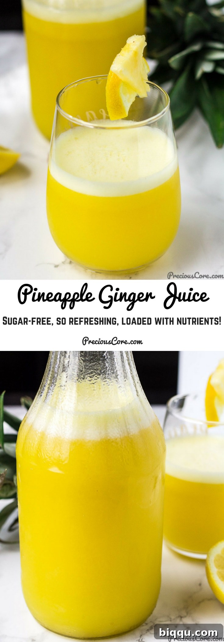 Tropical Ginger Kick 7 Collage with text "Pineapple Ginger Juice Sugar-free, So Refreshing, Loaded with Nutrients!" highlighting key benefits.
