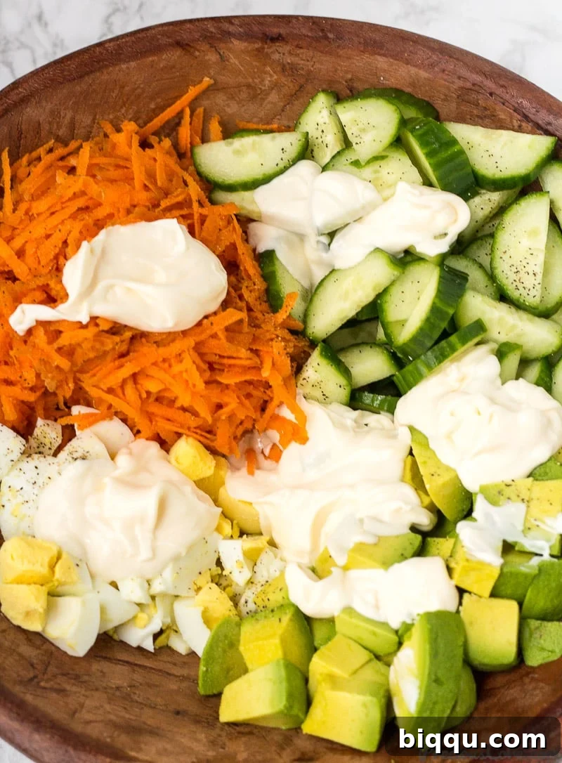 Seasoned veggies for Breakfast Salad with mayonnaise, salt, and pepper