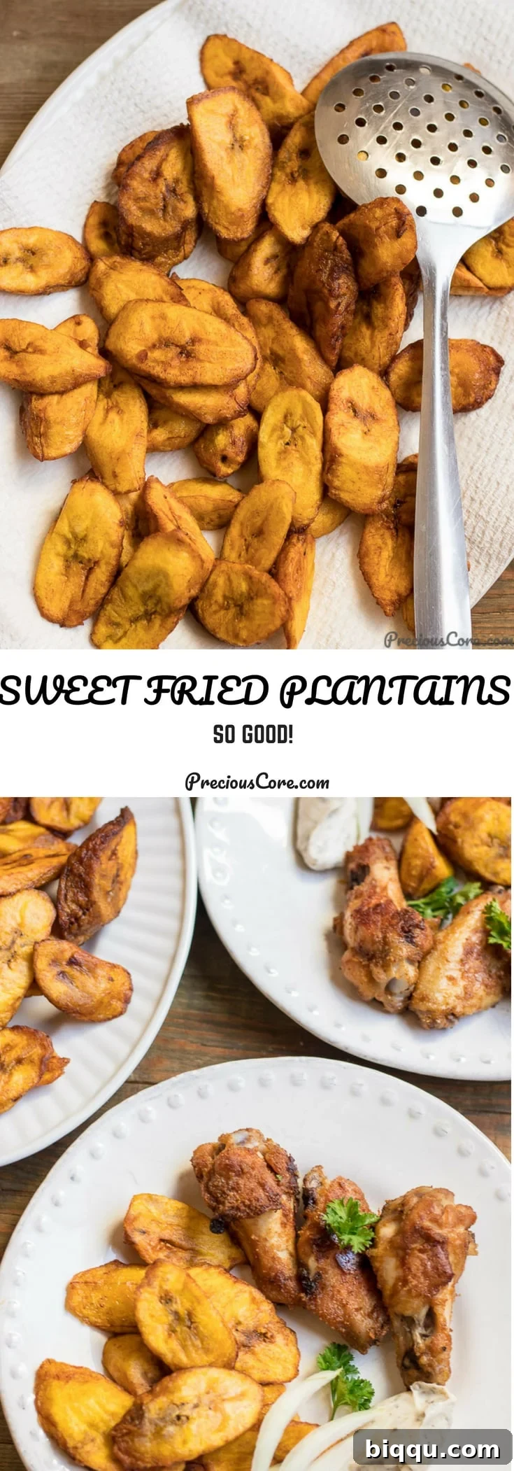 Visually appealing collage with text "Sweet Fried Plantains So Good!" featuring golden plantain slices.