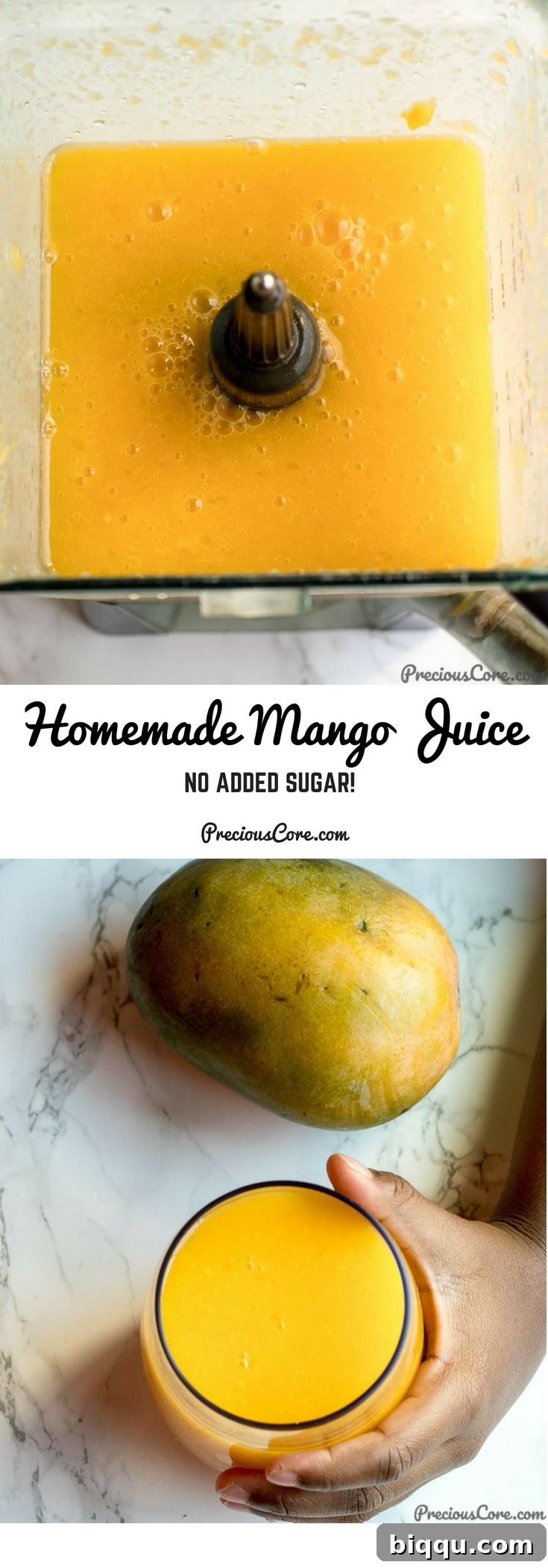 Collage with text "Homemade Mango Juice No Added Sugar! Delicious and Refreshing."