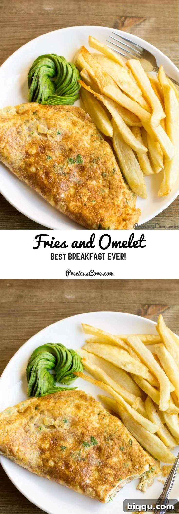 Collage of African Fried Potatoes and Omelet with text 'Fries and Omelet Best Breakfast Ever!'