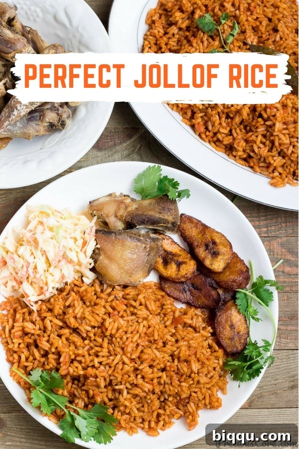 Plates of Nigerian Jollof Rice with crispy fried chicken, with text "Perfect Jollof Rice."