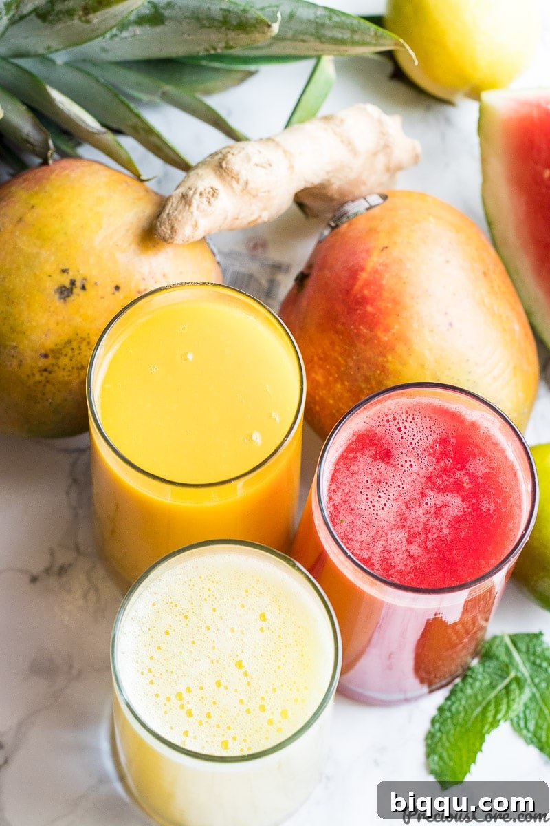 Healthy Juice Recipes - Homemade - A beautifully styled flat lay of various fresh fruits and vegetables, alongside prepared glasses of colorful, healthy juices, emphasizing the natural ingredients.