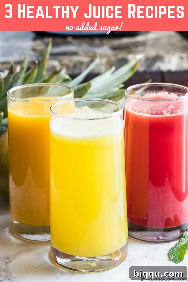 Three glasses of colorful juice on a wooden tray with fresh fruit garnishes, showcasing the vibrant and diverse options available for healthy homemade drinks.