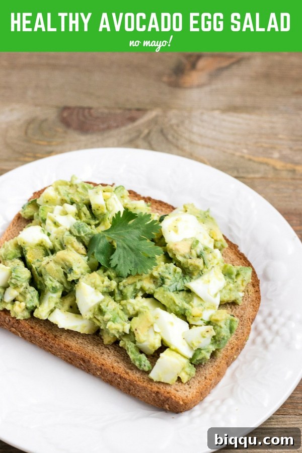 Mayo-free Avocado Egg Salad spread generously on whole wheat toast, ready to eat.