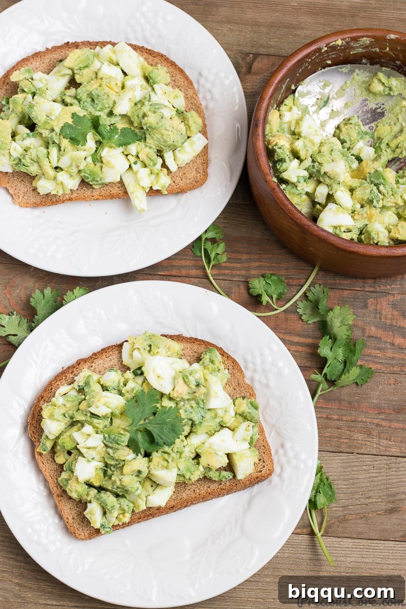 A serving of healthy avocado egg salad on whole wheat toast, a perfect breakfast option.