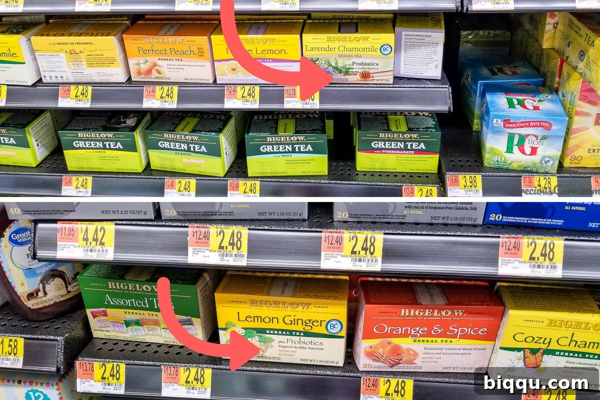 Bigelow probiotic tea boxes displayed in a shopping cart at Walmart, highlighting their availability.