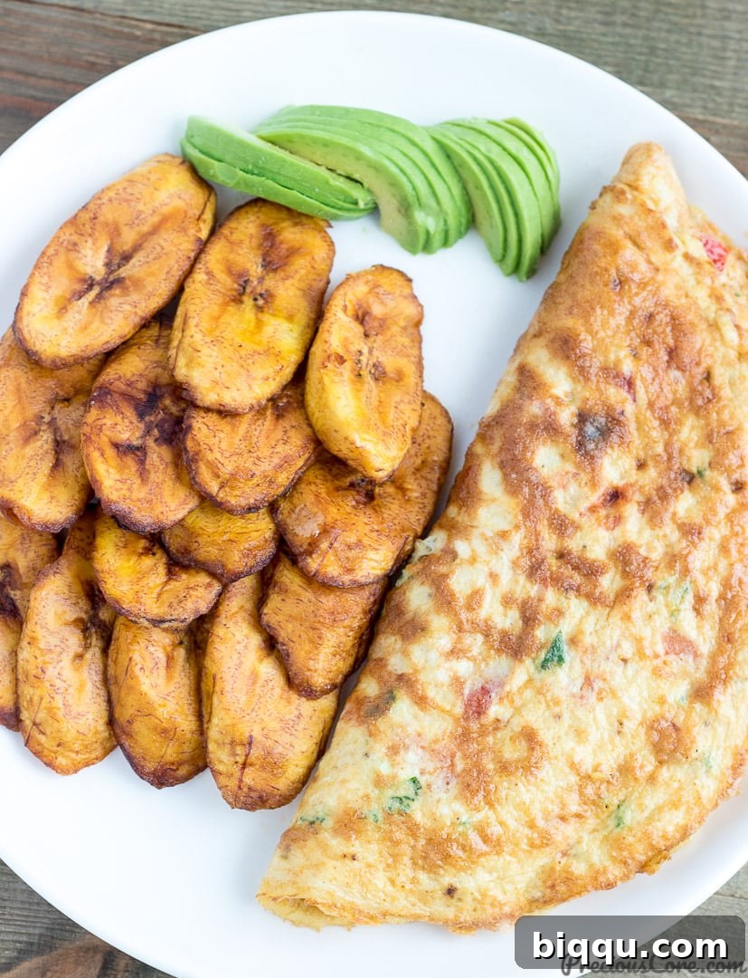 A savory omelet served with a side of golden sweet fried plantains and fresh avocado slices, a perfect balanced and flavorful meal.