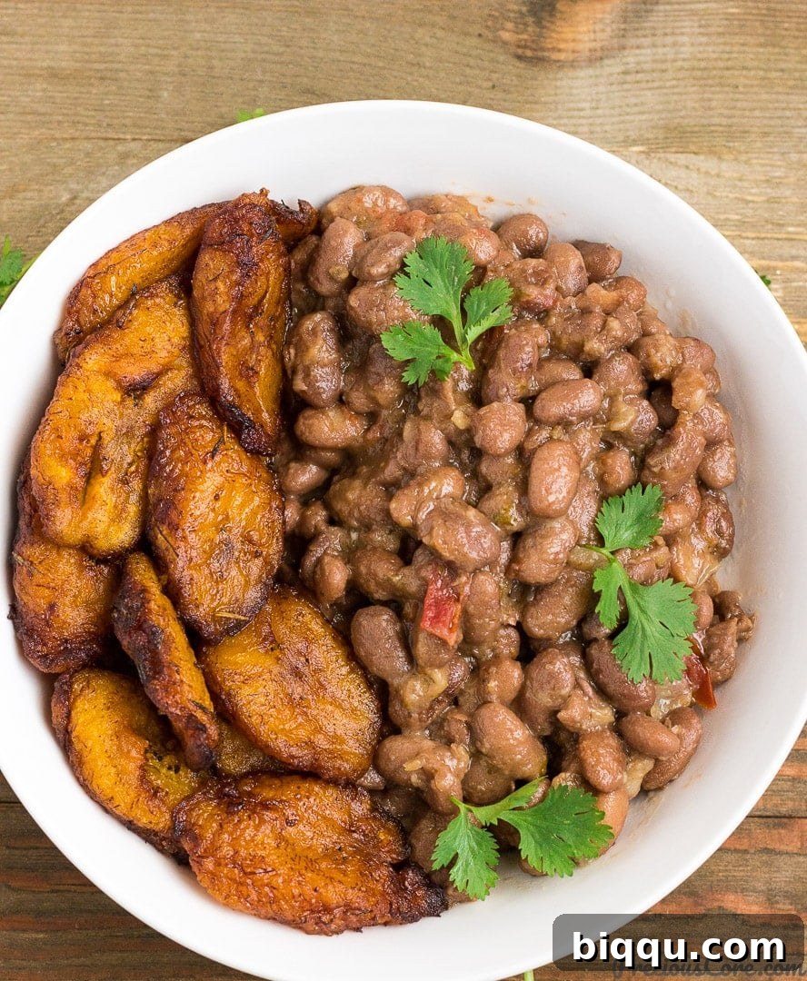 Hearty stewed pinto beans paired with golden sweet fried plantains, a comforting, nutritious, and life-giving meal.