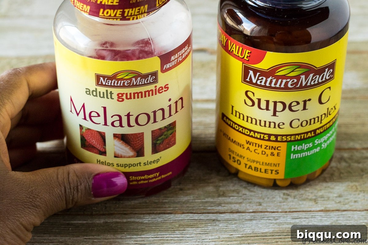 Bottles of Nature Made Melatonin and Super C.