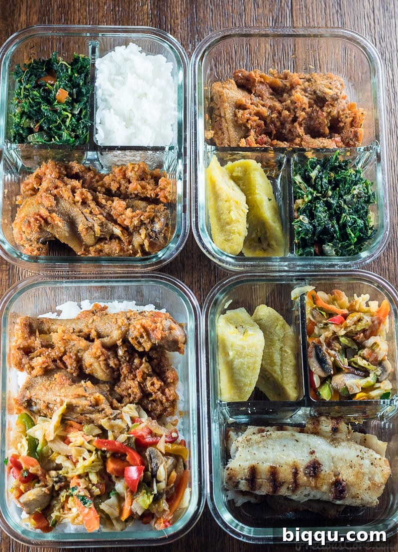 Four Meal Prep Bowls loaded with chicken or fish, veggies and rice or plantains.