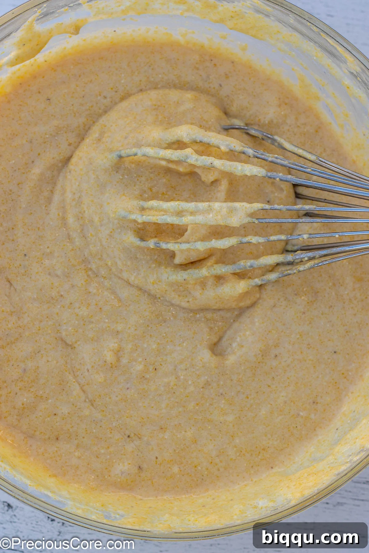 Fluffy Cornbread Without Buttermilk 7 Batter for cornbread with a whisk in a bowl.