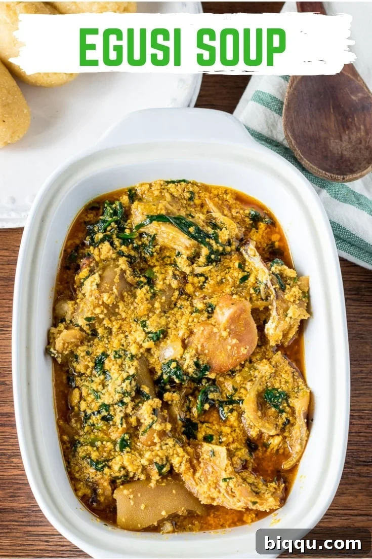Close up of Nigerian Egusi Soup, showing its inviting texture and rich color.