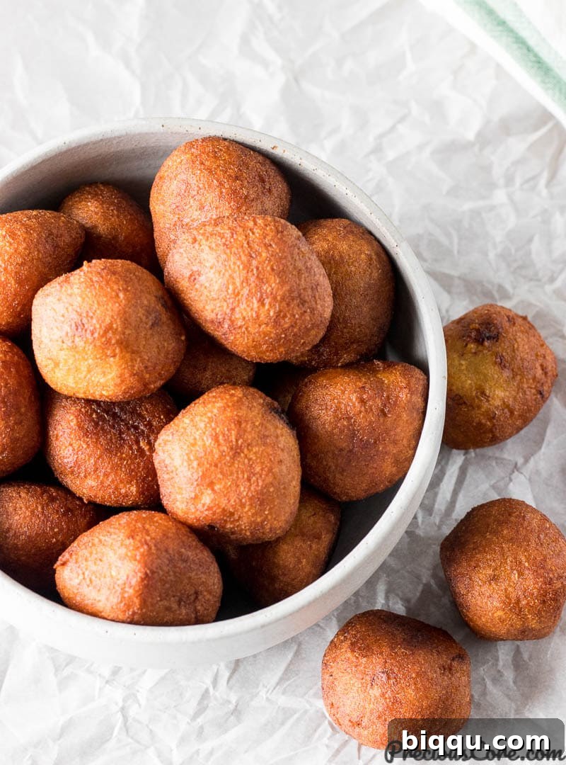 Accra Banana - African Banana Fritters, a close-up shot of the fried balls.