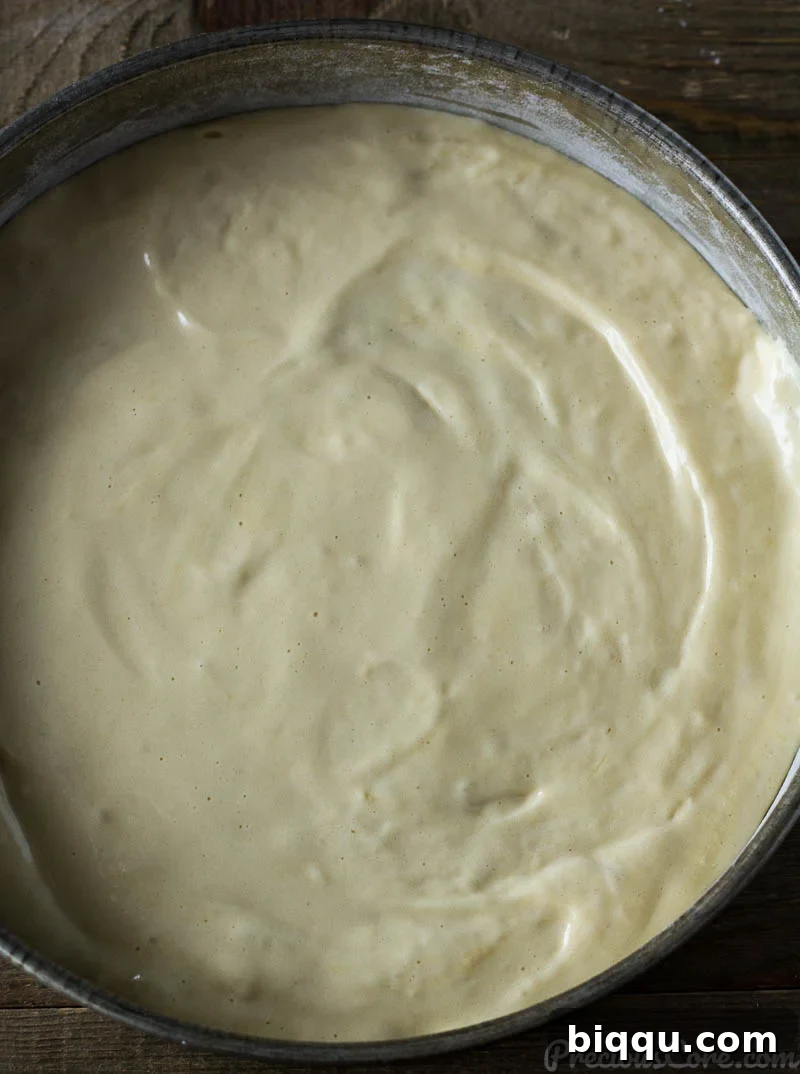 Fluffy Vanilla Sponge Cake 7 Vanilla sponge cake batter poured into a prepared round cake pan, ready for baking.
