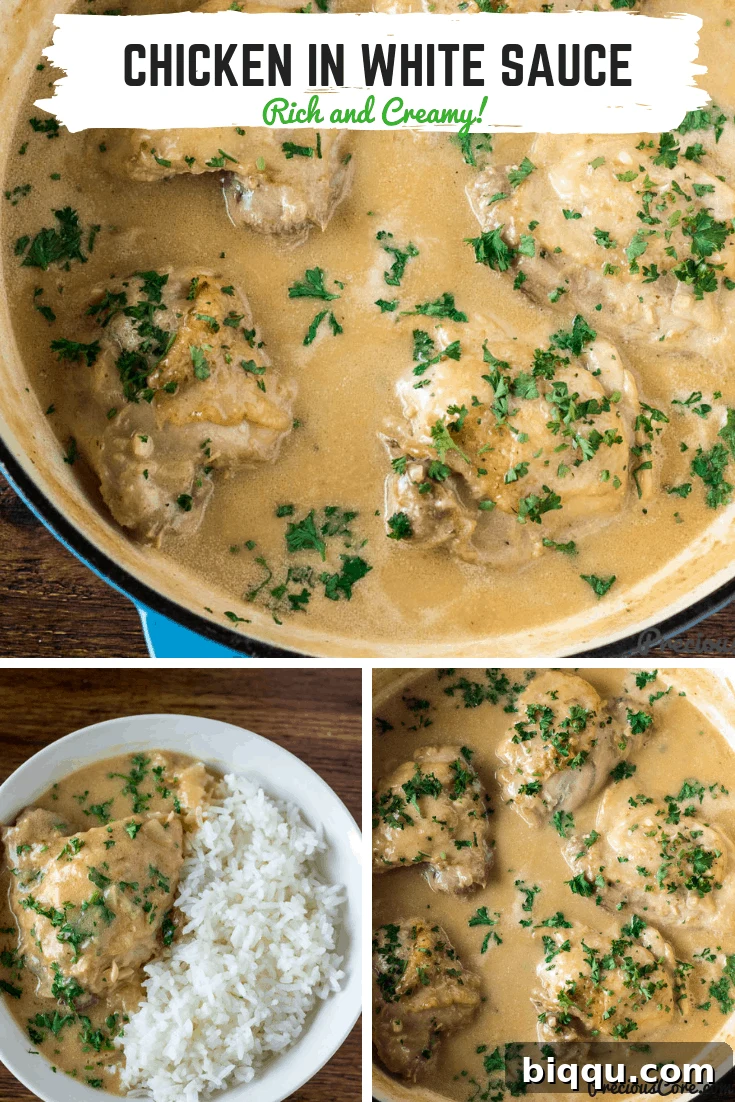 Creamy Chicken in White Sauce served in a cast iron braiser, ready to be dished out.
