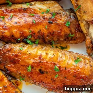 Oven Baked Turkey Wings in a white bowl, perfectly cooked and garnished.