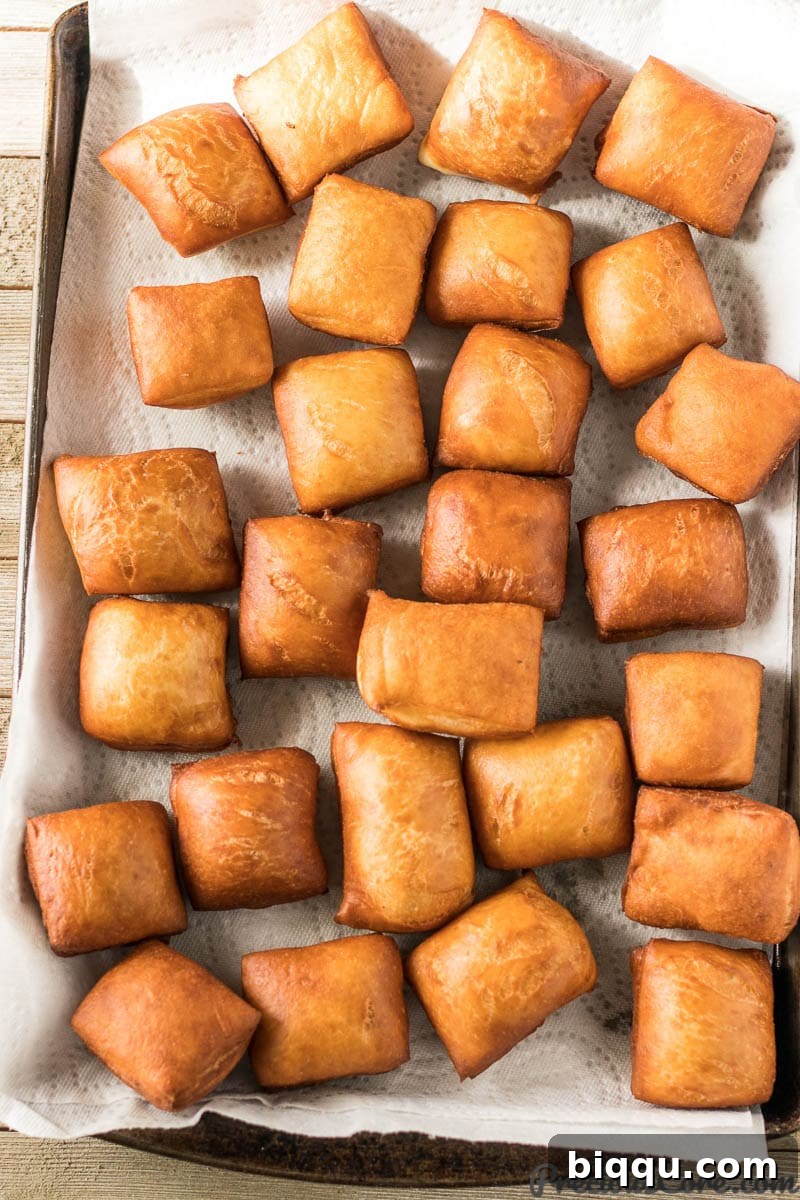 A baking sheet lined with paper towels, holding a fresh batch of golden brown, cooked beignets, glistening slightly from the oil.