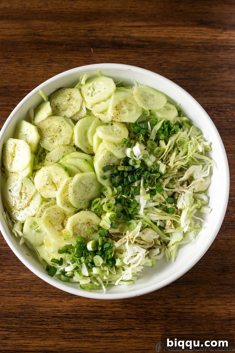 Zesty Cabbage Delight 2 Cabbage Salad in a white bowl. A fresh, healthy dish perfect for any meal.