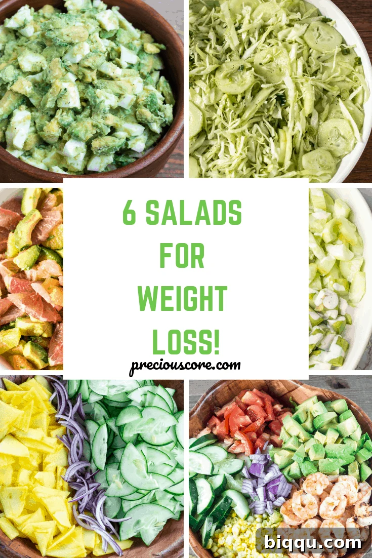 Collage of salads with text \"6 salads for weight loss!\"