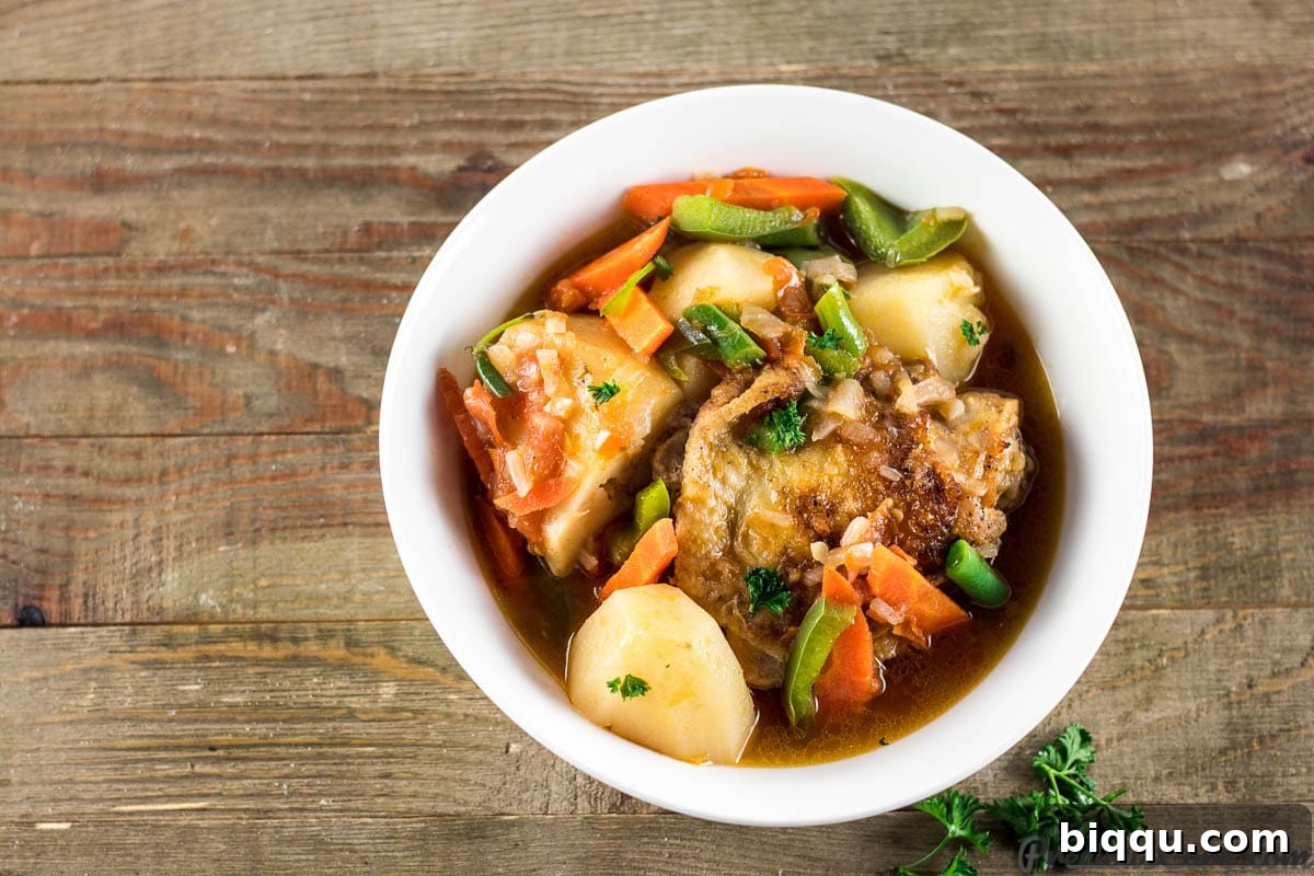 A hearty and appetizing bowl of Chicken and Potatoes stew, garnished with fresh parsley.