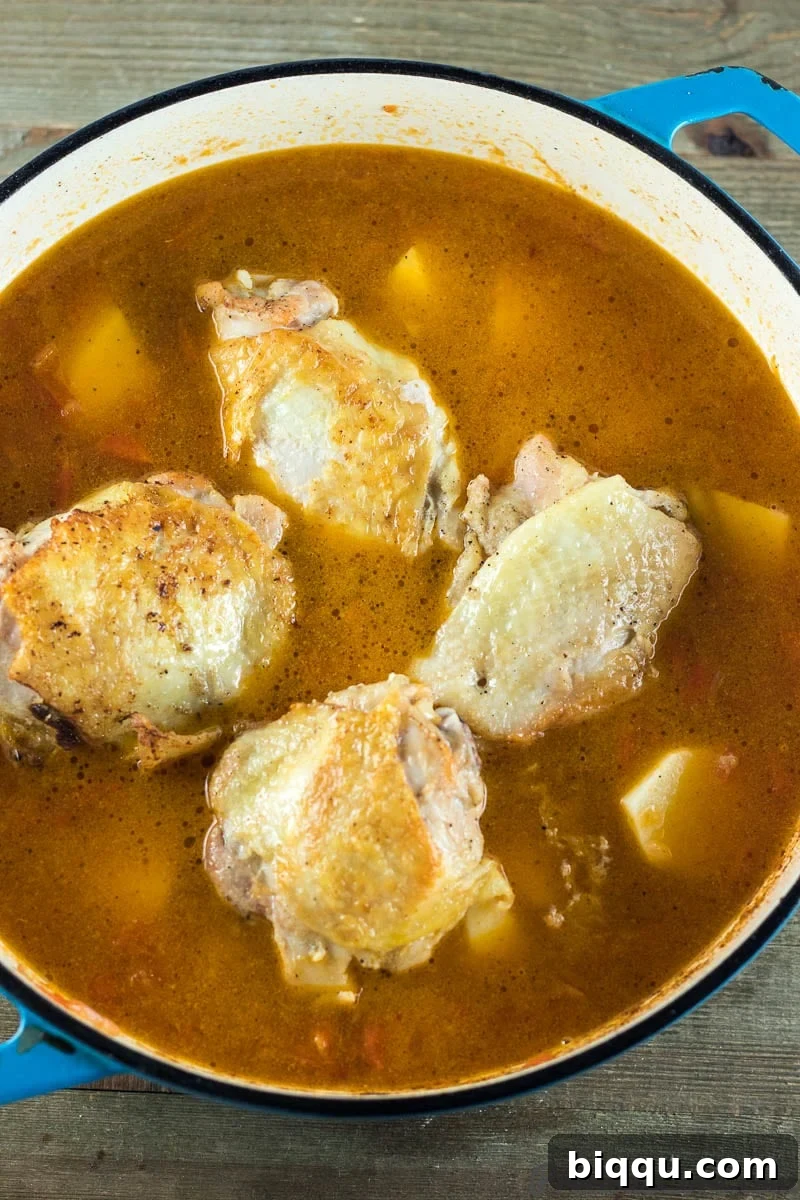 Uncooked chicken and sliced russet potatoes simmering in a rich tomato and onion broth in a pot, before baking.