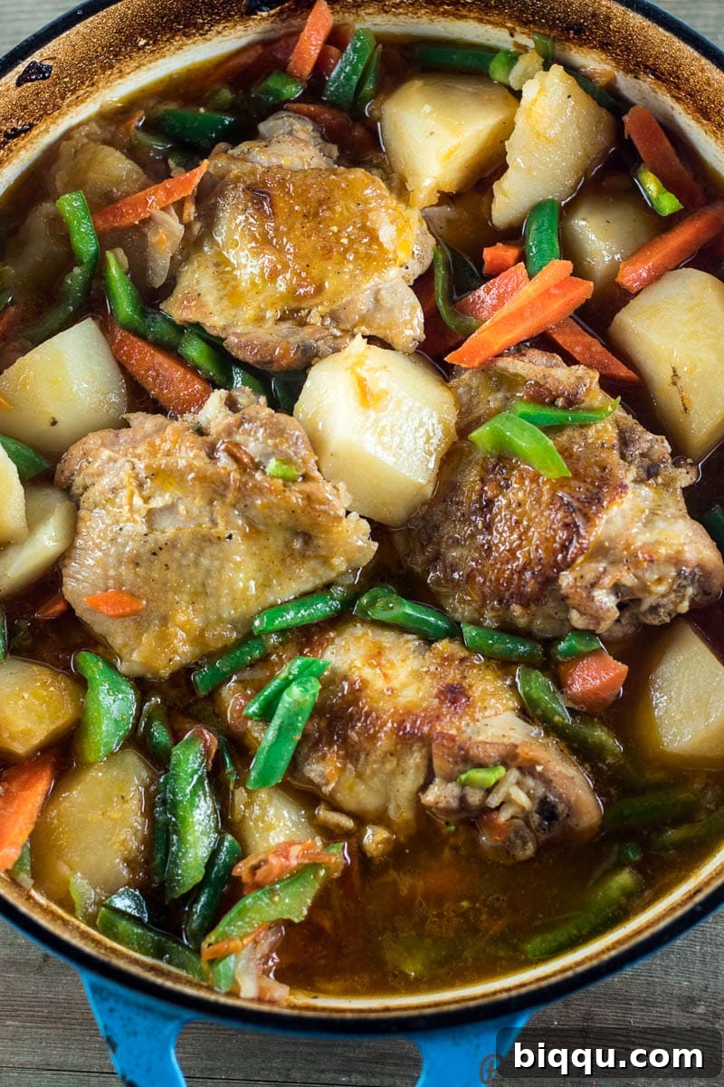 A large pot of perfectly cooked chicken and potatoes stew, hot and ready to serve, straight from the oven.