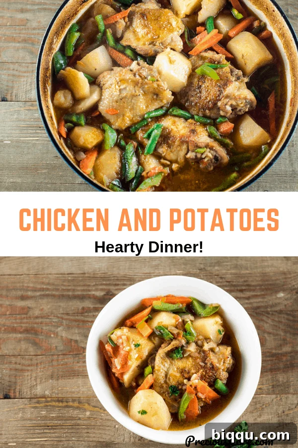A collage featuring two appetizing images of the chicken and potatoes stew from different angles, highlighting its delicious appearance.