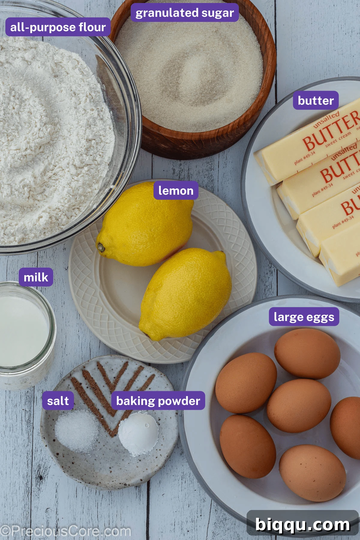 Ingredients for lemon pound cake with labels on them.