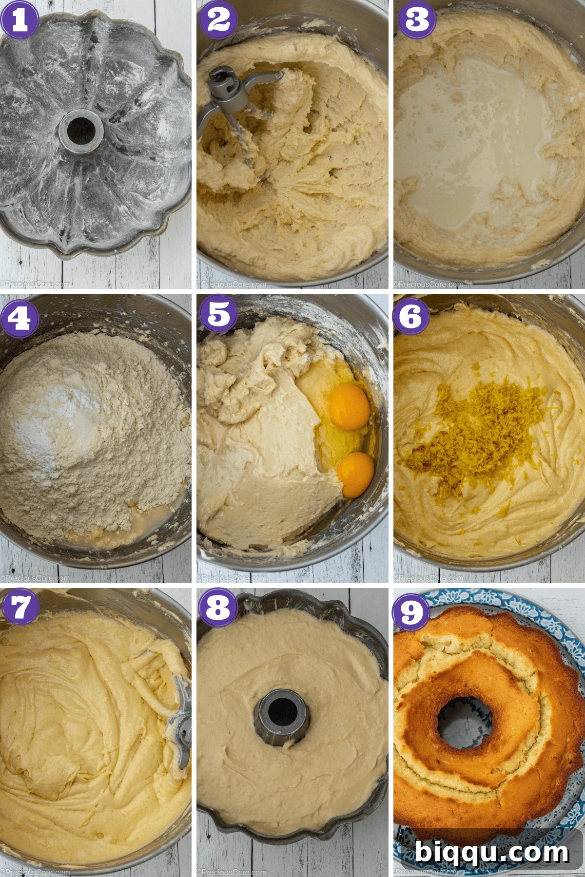 Step by step pictures for making lemon pound cake.