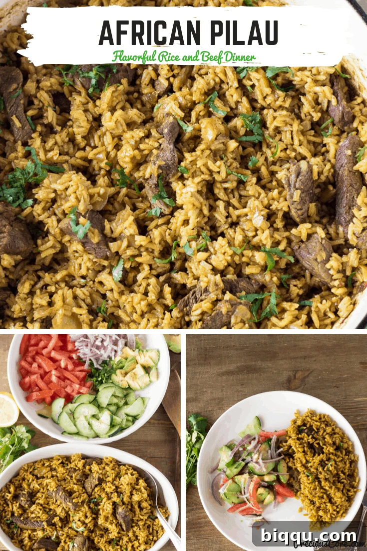 A vibrant food collage featuring African Pilau, showcasing the flavorful rice and beef dinner alongside fresh ingredients. Ideal for "African Pilau recipes" and "East African cuisine."